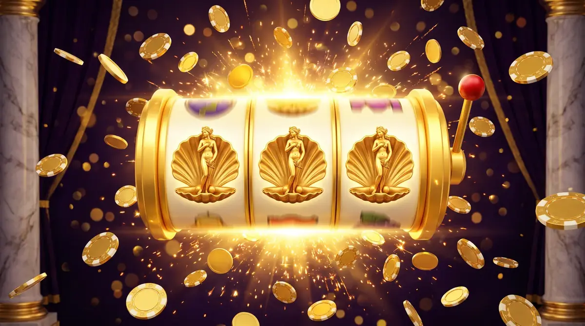 Rouleaux de machine à sous dorés avec pluie de pièces, symbole du jackpot